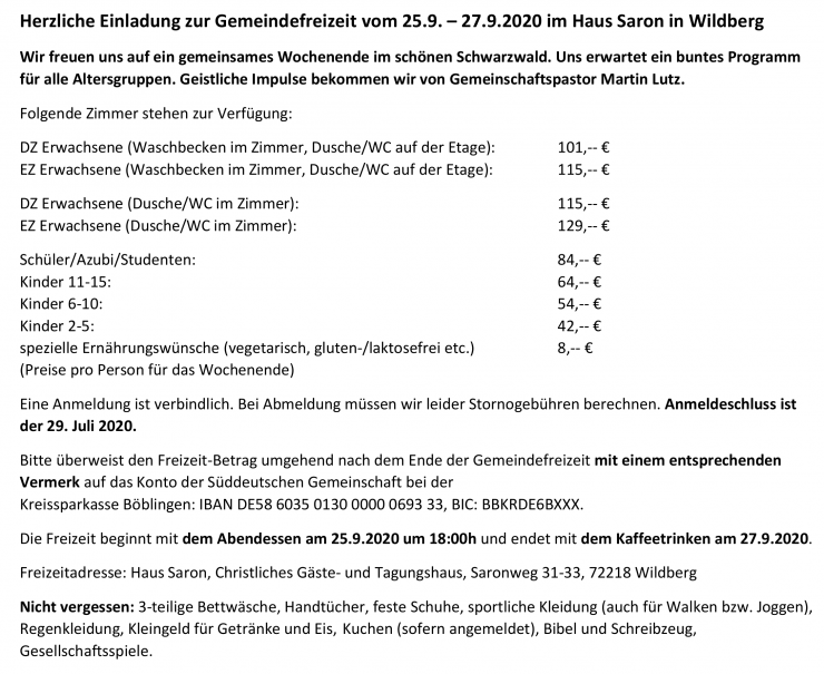 Gemeindefreizeit 2020 im Haus Saron